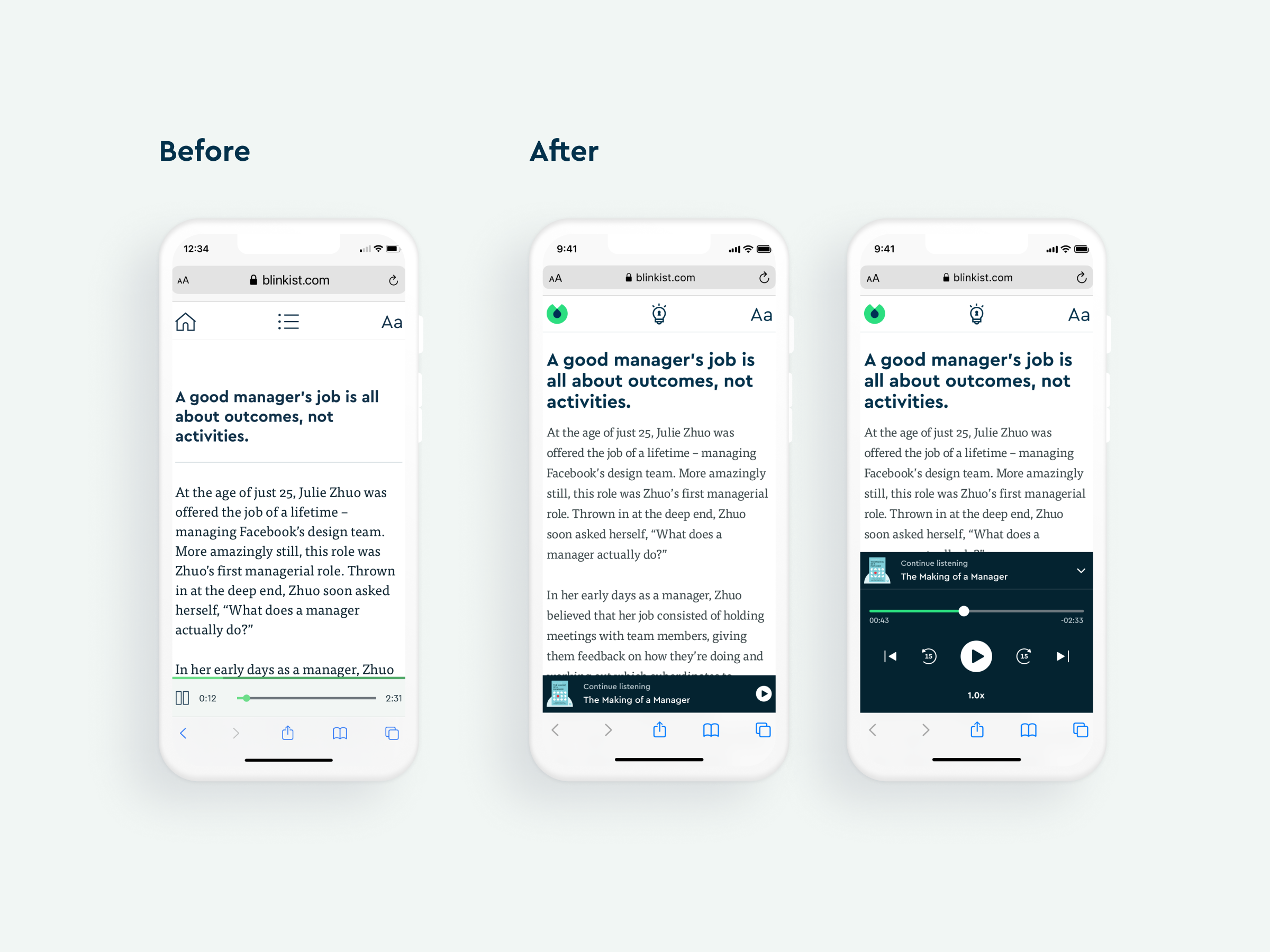 Web Reader/Player — mobile before and after