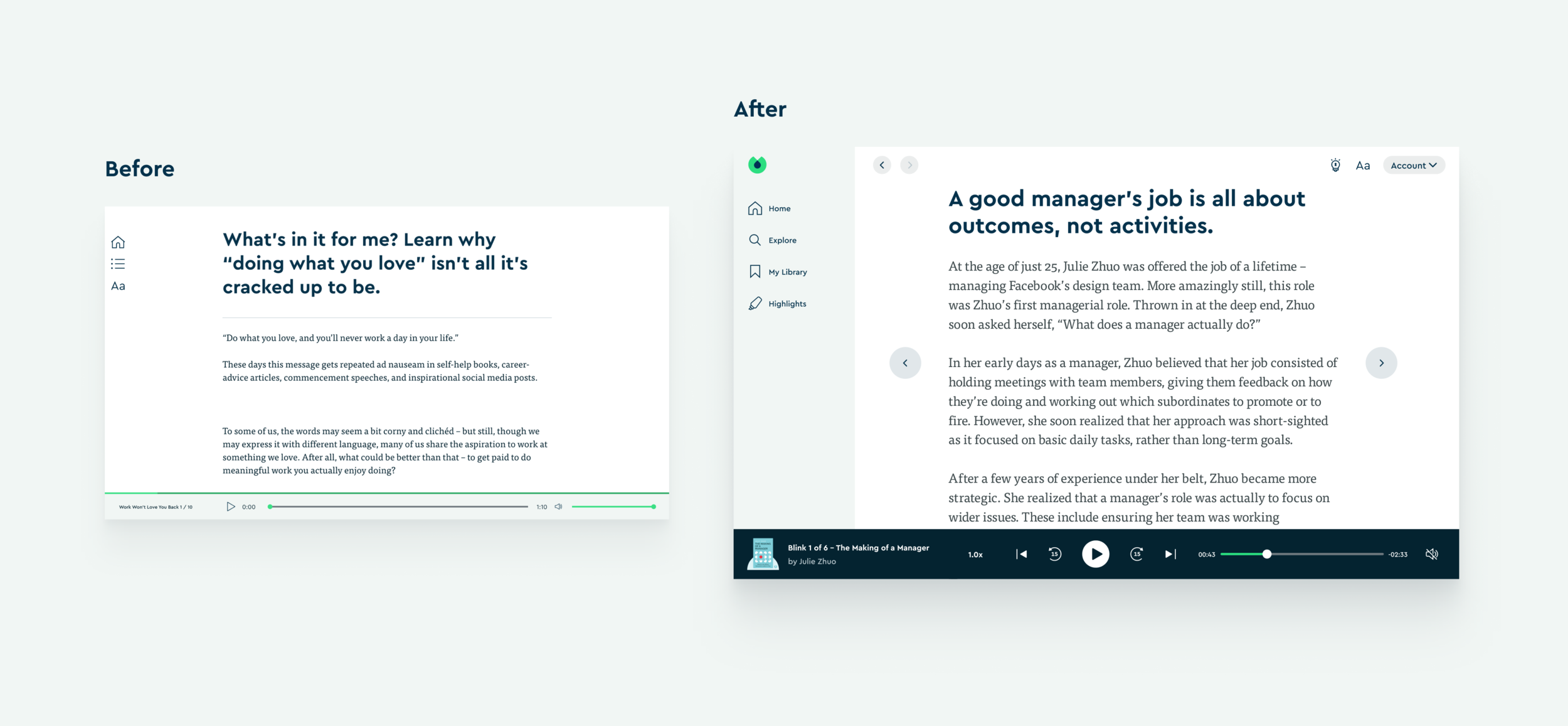 Web Reader/Player — before and after